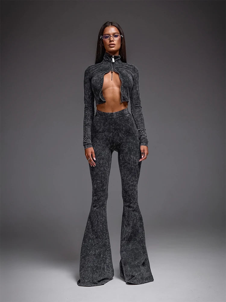 Zipper Suits Casual CNYISHE Women Sets Long Sleeve Turn-down Collar Streetwear Sexy Club Slim Fashion Female 2-pieces(Tops+Pants